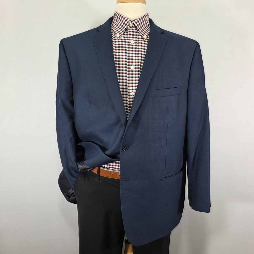 Calvin Klein Men's Sport Coat Blazer Two Button‎ Navy Herringbone Poly Blend 48R